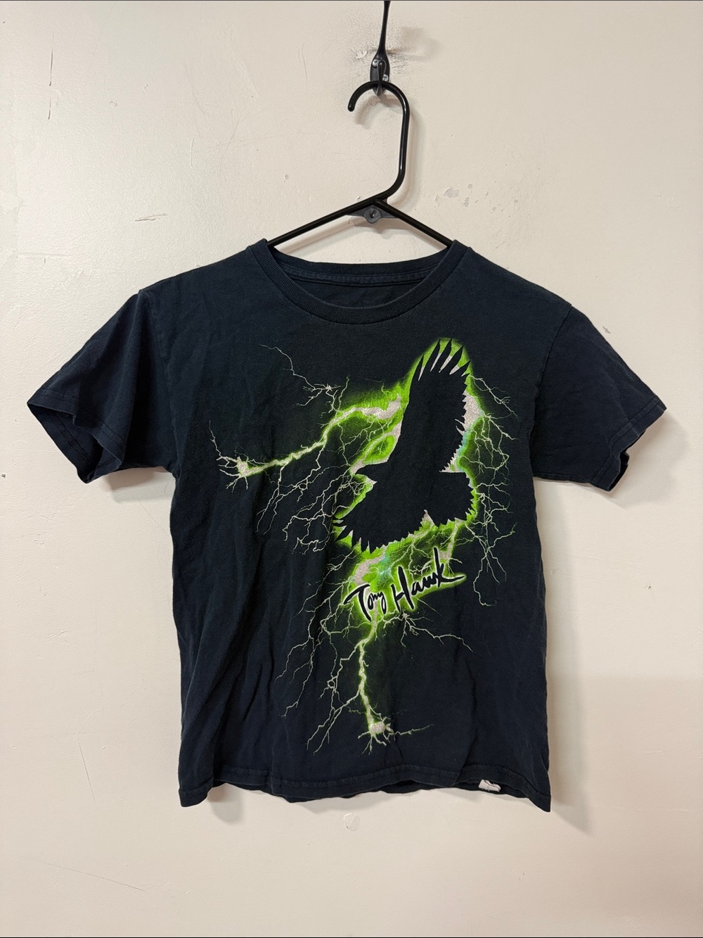 Tony Hawk Black Tee with Neon Green Lightning Hawk Y2K